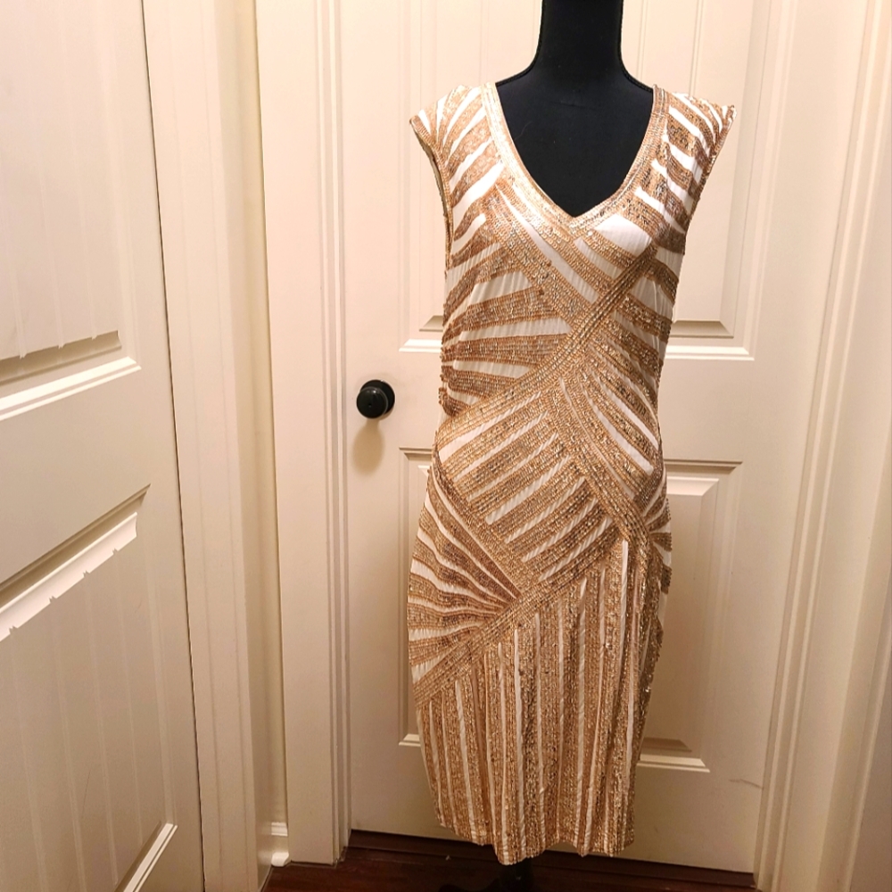 Chelsea White Sleeveless Dress with Gold and Silver Sequins Size 14